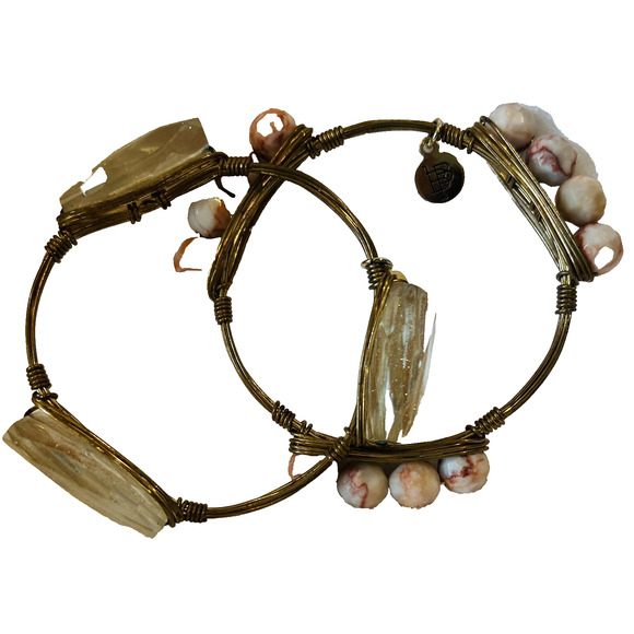 2 Bourbon & Bowties Gold Stone Bangle Bracelet Quartz Jasper Boho Wire Wrapped - Picture 3 of 13